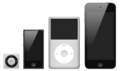 A família iPod atual, com o IPod shuffle, iPod nano, iPod Classic e iPod touch
