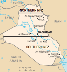 Map of the no-fly zones in Iraq after the Gulf War. Operation Provide Comfort took place in the northern no-fly zone, labeled as "NORTHERN NFZ" on the map Iraq NO FLY ZONES.PNG