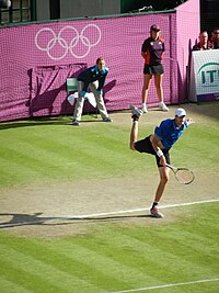 Isner serving in his 2012 Olympic men's singles quarterfinal match against Roger Federer John Isner London 2012 Men's Singles Quarterfinal.jpg