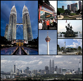 Theo chiều kim đồng hồ từ phía trên bên trái: Tháp đôi Petronas, phố Petaling, Masjid Jamek và nơi sông Gombak/Klang hợp lưu, bia kỷ niệm Quốc gia, Thánh đường quốc gia, quang cảnh KL. Giữa: Tháp Kuala Lumpur