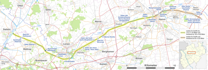 Kaart Datteln-Hammkanaal met links de 3 havens van Lünen