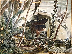 Landing ships under fire, Treasury Island (3rd NZ Division), 27 October 1943 painted by Russell Clark