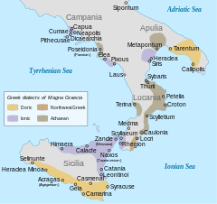 Las colonias grègas de Granda Grècia, e los dialèctes parlats      grèc del nòrd-oèst      aquèu      dorian      ionian