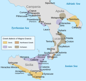 Magna Graecia (Megale Ellas - Megale Hellas) ancient colonies and dialects in the Classical Age (before Roman conquest). Magna Graecia ancient colonies and dialects-en.svg