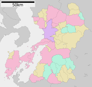 当初から廃置分合を行った事のない市町村の一覧の位置（熊本県内）