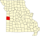 Mapa de Misuri con la ubicación del condado de Bates
