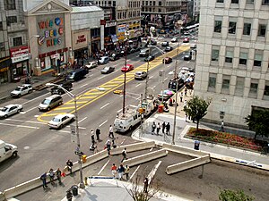 News media satellite up-link trucks and photojournalists gathered outside the Prudential Financial headquarters in Newark, New Jersey in August, 2004 following the announcement of evidence of a terrorist threat to it and to buildings in New York City.