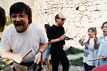 Nigel Osborne & Brian Eno working in Mostar with Pavarotti Music Center 1994-1995.