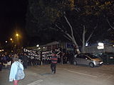 The demonstration against the police raid organised by Skapoula student magazine, passing outside Pafos Gate police station in Nicosia. The activists arrested in the raid were taken to this station a week before.