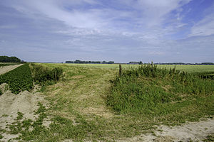 Restant van de dijk om de Oude Zuurdijkster Uiterdijkspolder met links de Nieuwe Zuurdijkster Uiterdijkspolder en op de achtergrond De Hoogte