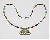 Pectoral and necklace of Princess Sithathoriunet; 1887–1813 BC; gold, carnelian, lapis lazuli, turquoise, garnet & feldspar; height of the pectoral: 4.5 cm (1.8 in); Metropolitan Museum of Art (New York City)