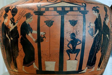 Représentation probable de la fontaine Ennéacrounos, sur un vase à figures noires.