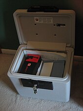 A typical home safe, which is portable. This type of safe provides protection against fire only, not burglary. Safe.jpg