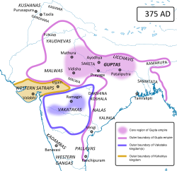 Približno območje teritorijev Gupta imperija (vijolično) v letu 375.
