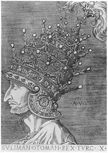 Illustration of Sultan Suleiman I wearing his Venetian Helmet, a four-tiered crown designed to stress that the sultan outranked even the pope (who wore a three-tiered crown) Suleiman Agostino.JPG