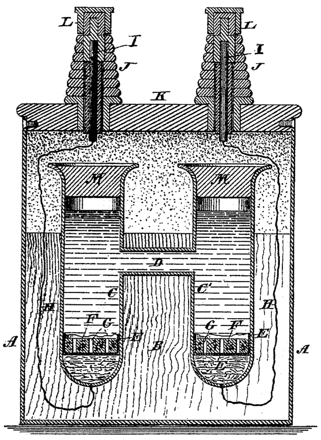 Woodcut line drawing of H-shaped cell in an enclosure with electrical terminals at the top.