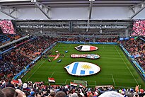 The flags of Egypt and Uruguay present on the pitch before the start of a FIFA World Cup match. The FIFA World Cup has been a major impetus for international relations. 2018 FIFA World Cup Match 2 Egypt - Uruguay national flags.jpg