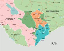 Situation after the 2020 Nagorno Karabakh War
.mw-parser-output .legend{page-break-inside:avoid;break-inside:avoid-column}.mw-parser-output .legend-color{display:inline-block;min-width:1.25em;height:1.25em;line-height:1.25;margin:1px 0;text-align:center;border:1px solid black;background-color:transparent;color:black}.mw-parser-output .legend-text{}
Areas captured by Azerbaijan during the war.
Areas returned to Azerbaijan per the ceasefire agreement.
Areas in Nagorno-Karabakh where Russian peacekeepers operate.
Lachin corridor and Dadivank monastery where Russian peacekeepers operate. 2020 Nagorno-Karabakh war.svg