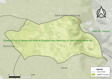 Carte des ZNIEFF de type 2 sur la commune.