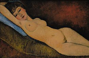 Nu Couche au coussin Bleu, one of the finest examples of reclining nudes by Amedeo Modigliani, 1916 Amedeo Modigliani - Nu Couche au coussin Bleu.jpg
