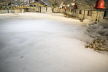 The interior of a barn showing infected birds who have been killed by foam depopulation (suffocation with foam) Avian influenza roee shpernik 10.jpg