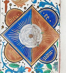 The White Rose en Soleil (imposed on a sun in splendour) of the House of York, on the livery colours blue and murrey of the Yorkist dynasty, surrounded by the royal motto 'Dieu et mon droit'. From a manuscript (1478-1480) of the Speculum historiale belonging to King Edward IV of England. BL Royal Vincent of Beauvais2Yorkist rose.jpg