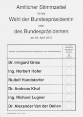„Amtlicher Stimmzettel für die Wahl der Bundespräsidentin oder des Bundespräsidenten am 24. April 2016“