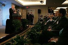 Then U.S. vice president Dick Cheney speaks at AEI on the war on terror, arguing against a withdrawal from the Iraq War, in November 2005. CheneyatAEI.jpg