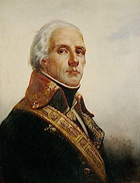Painting shows a white-haired man in a dark blue military uniform with gold trim at the collar and lapels.