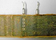 Unwound layers of a failed electrolytic capacitor; aluminum foils and paper spacer are glued together. No obvious damage (short circuit) is visible.
