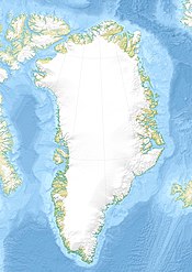 Mapa konturowa Grenlandii, blisko centrum po lewej na dole znajduje się punkt z opisem „1”