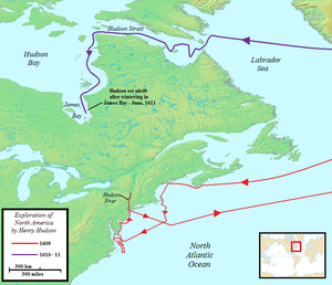 Map of Henry Hudson's 1609-1611 voyages to North America for the Dutch East India Company (VOC) Henry Hudson Map 26.png