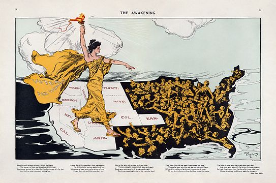 21. "The Awakening" by Henry Mayer shows the state of progress of Women's suffrage in the United States as of 1915.