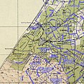En Nabi Hsein can be seen in the grounds of the Barzilai Medical Center; this image overlays the modern Israeli city of Ashkelon (blue) on a 1940s Survey of Palestine map