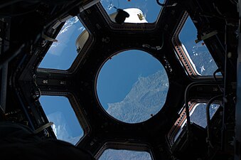 View from the interior of the Cupola module on the International Space Station.