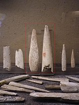 Among Gravettian projectile points; a red box surrounds the two from Isturitz.