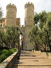 Porta Soprana is the best-known gate of the ancient walls of Genoa.