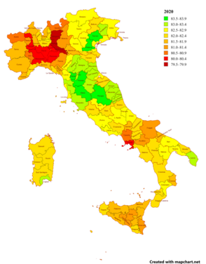 Life expectancy map of Italy 2020 -provinces, names.png