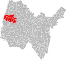 Carte des communes de l'Ain faisant apparaître en rouge celles faisant partie de la communauté de communes de la Veyle.