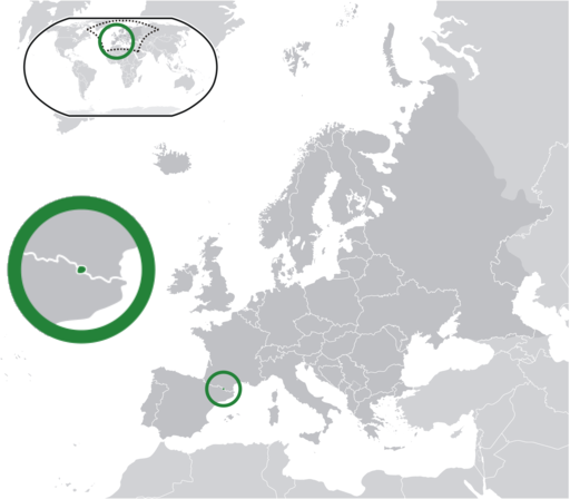 Location of Andorra (centre of green circle) in Europe (dark grey)  –  [Legend]