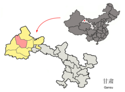 Guazhou (pink) within جیوچوان prefecture (yellow) within Gansu (grey)