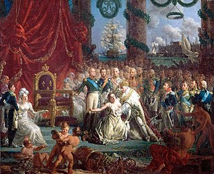 Louis XVIII relevant la France de ses ruines : allégorie du retour des Bourbons le 24 avril 1814, par Louis-Philippe Crépin. (définition réelle 1 372 × 1 118)