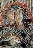 Darstellung von zwei mit dem Speer gejagten Tilapia-Fischen, Wandbild um 1422–1411 v. Chr.