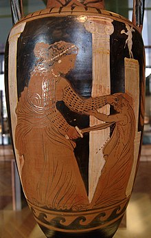 Medea killing one of her children, neck amphora by the Ixion Painter, circa 330 BC. Paris: Louvre. Medeia child Louvre K300.jpg