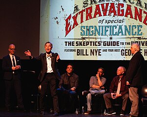 Bill Nye the Science Guy, Skeptics Guide to the Universe cast, and George Hrab, April 10, 2015, at F.I.T Haft Auditorium New York City. NECSS 2015 Extravaganza.JPG