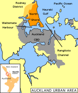 North Shore (in orange) within the Auckland metropolitan area