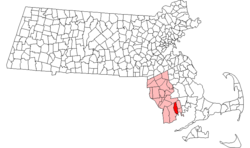 マサチューセッツ州におけるニューベッドフォードの位置（赤色）、とブリストル郡（ピンク）