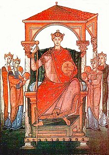 Cesar Oton II. na prestolu sprejema poklonitev ženskih postav, ki simbolično predstavljajo dežele Germanijo, Francijo, Italijo in Alemanijo (list iz Registrum Gregorii, Trier, po letu 983. Chantilly, Musée Condé, Ms. 14 bis)