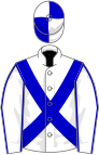 White, blue cross-belts and seams on sleeves, quartered cap