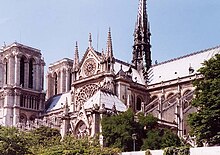 The cathedral of Notre Dame de Paris, whose construction began in 1163, is one of the finer examples of the High Middle Ages architecture Paris Notre-Dame, July 2001.jpg